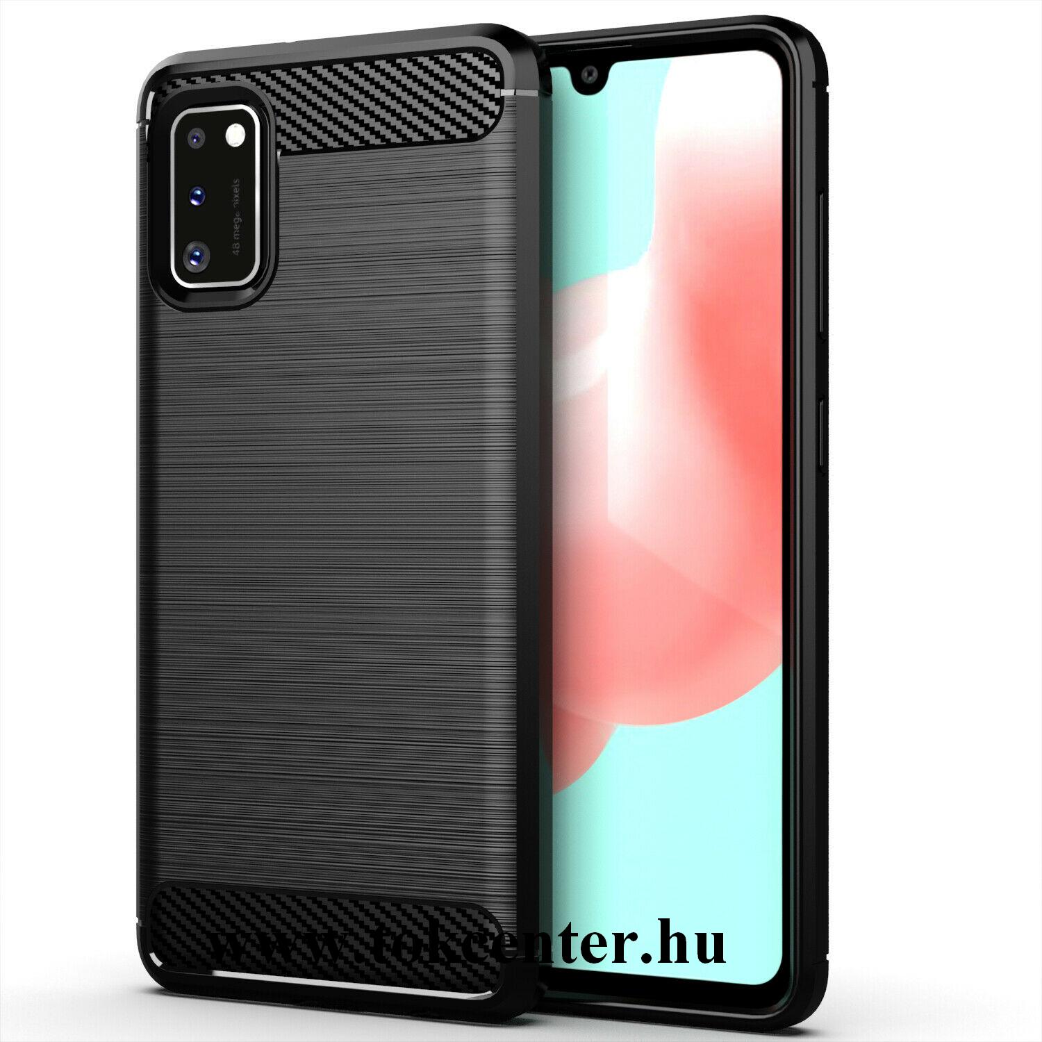 Samsung Galaxy A41 (SM-A415F) Szilikon telefonvédő (közepesen ütésálló, légpárnás sarok, szálcsiszolt, karbon minta) FEKETE