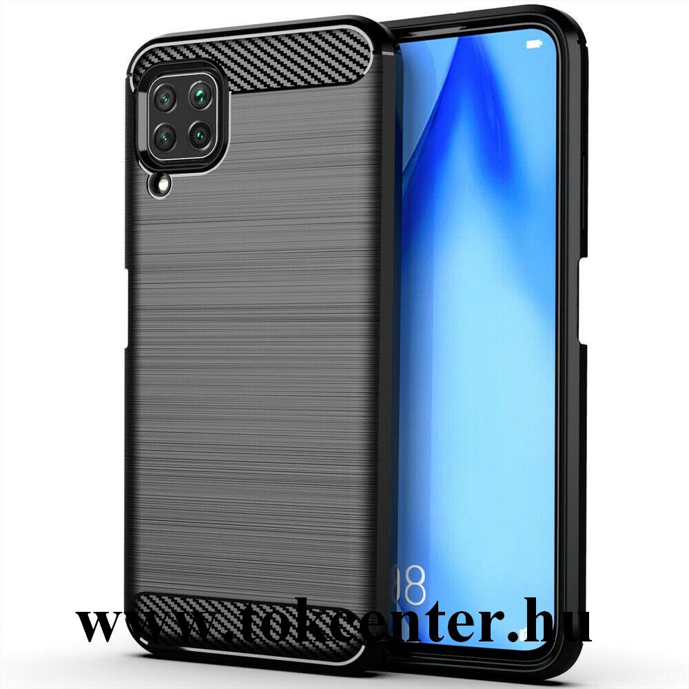 Huawei P40 Lite Szilikon telefonvédő (közepesen ütésálló, légpárnás sarok, szálcsiszolt, karbon minta) FEKETE