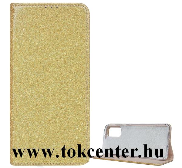 Samsung Galaxy A51 (SM-A515F) Tok álló, bőr hatású (FLIP, szilikon belső, oldalra nyíló, asztali tartó funkció, bankártya tartó, csillogó) ARANY