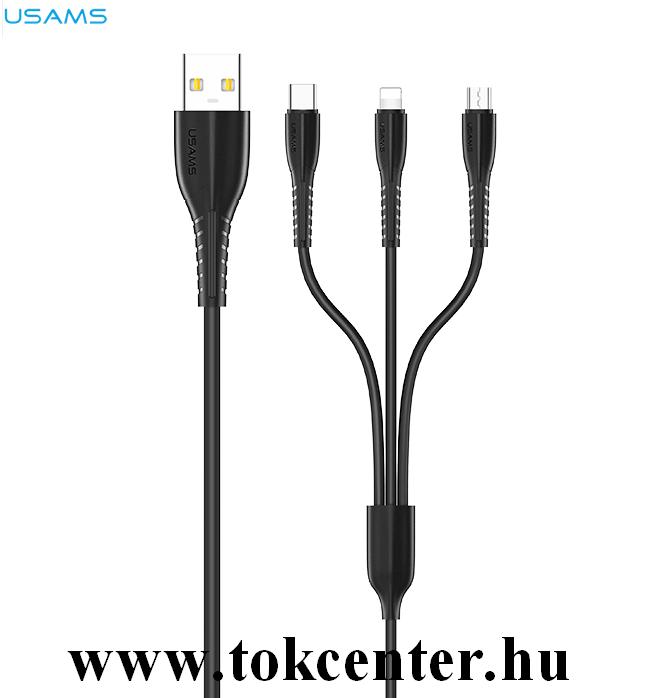 USAMS U35 töltőkábel 3in1 (lightning 8 pin + microUSB + Type-C, 100 cm, gyorstöltés támogatás) FEKETE