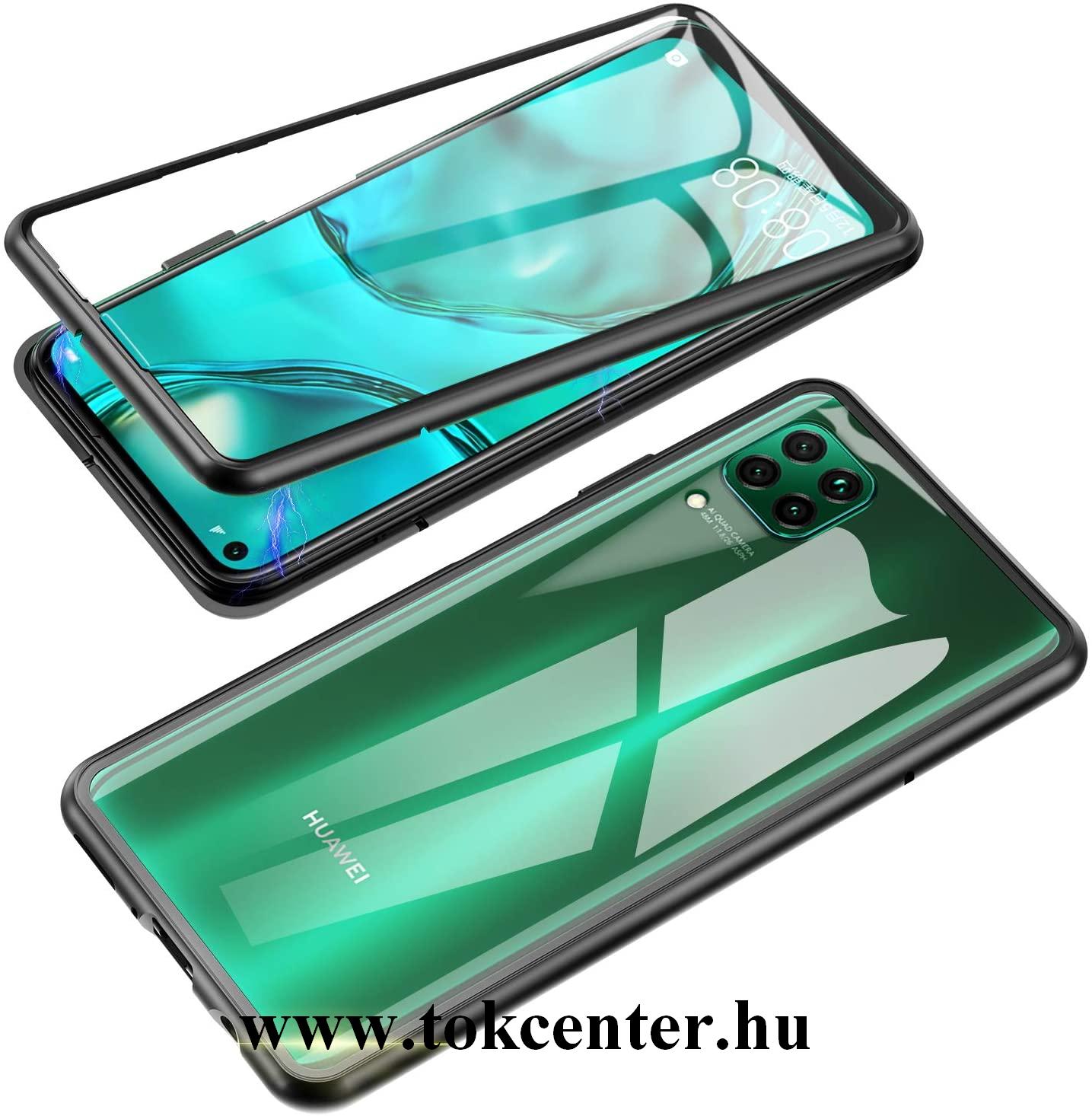 Huawei P40 Lite Alumínium keret (360°-os védelem, mágneses, közepesen ütésálló, edzett üveg előlap, hátlap, 9H) FEKETE