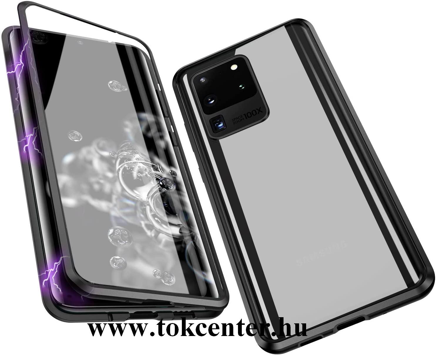 Samsung Galaxy S20 Ultra (SM-G988F)/Galaxy S20 Ultra 5G (SM-G988B) Alumínium keret (360°-os védelem, mágneses, közepesen ütésálló, edzett üveg előlap, hátlap, 9H) FEKETE