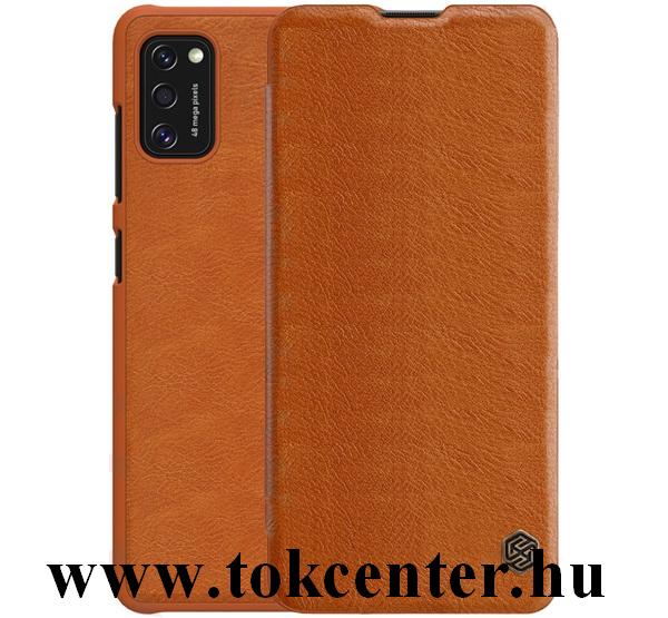 Samsung Galaxy A41 (SM-A415F) NILLKIN QIN tok álló, bőr hatású (FLIP, oldalra nyíló, bankkártya tartó) BARNA