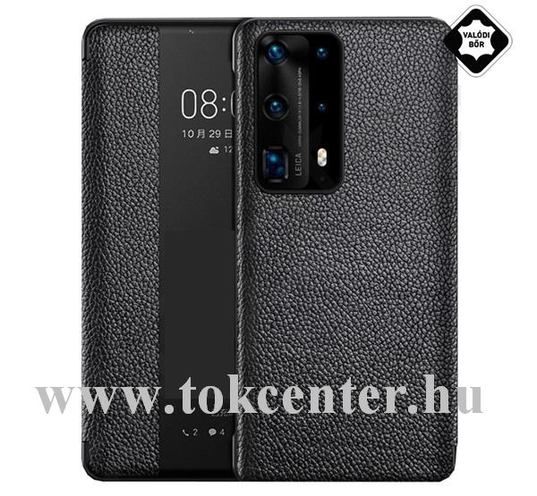 Huawei P40 Tok álló, valódi bőr (aktív flip, oldalra nyíló, Smart View Cover) FEKETE