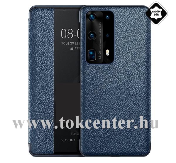 Huawei P40 Tok álló, valódi bőr (aktív flip, oldalra nyíló, Smart View Cover) SÖTÉTKÉK