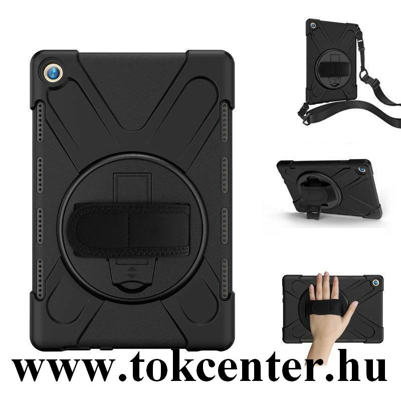 Huawei MediaPad M5 10.8 LTE / Huawei MediaPad M5 10.8 WIFI Műanyag telefonvédő (kézpánt, közepesen ütésálló, kitámasztó, 360°-ban forgatható + vállpánt) FEKETE