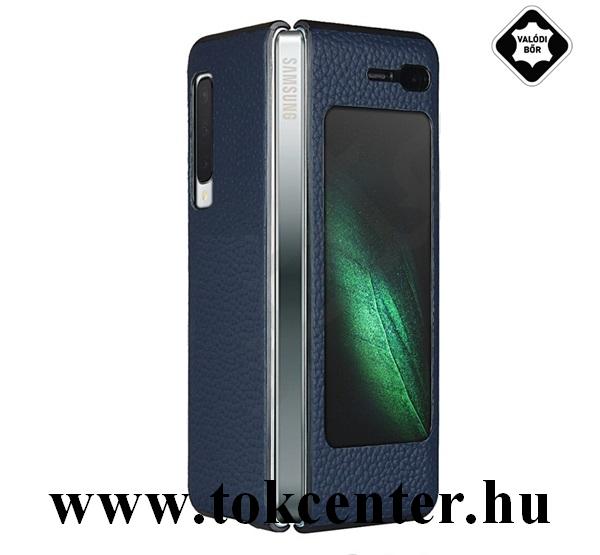Samsung Galaxy Fold (SM-F900F) Tok álló, valódi bőr (oldalra nyíló, View Window) SÖTÉTKÉK