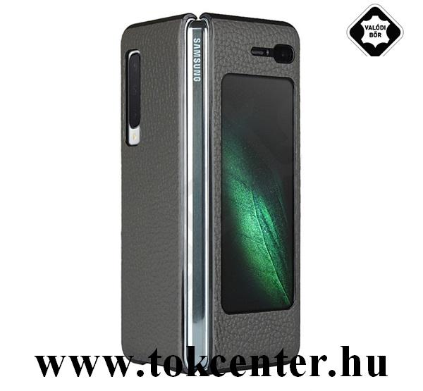 Samsung Galaxy Fold (SM-F900F) Tok álló, valódi bőr (oldalra nyíló, View Window) SÖTÉTSZÜRKE