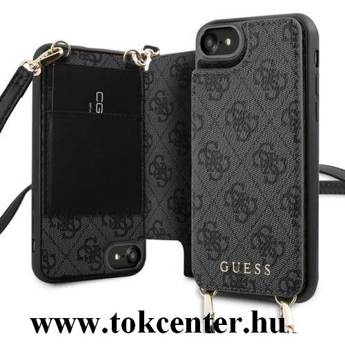 Apple iPhone 7 4.7 / Apple iPhone 8 4.7 / Apple iPhone SE (2020) GUESS 4G Crossbody műanyag telefonvédő (kihajtható textil hátlap, bankkártya tartó + nyakpánt) SZÜRKE (GUHCI8CB4GG)