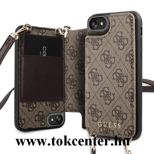 Apple iPhone 7 4.7 / Apple iPhone 8 4.7 / Apple iPhone SE (2020) GUESS 4G Crossbody műanyag telefonvédő (kihajtható textil hátlap, bankkártya tartó + nyakpánt) BARNA (GUHCI8CB4GB)