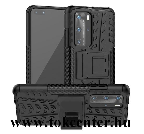 Huawei P40 Pro Defender műanyag telefonvédő (közepesen ütésálló, szilikon belső, kitámasztó, autógumi minta) FEKETE