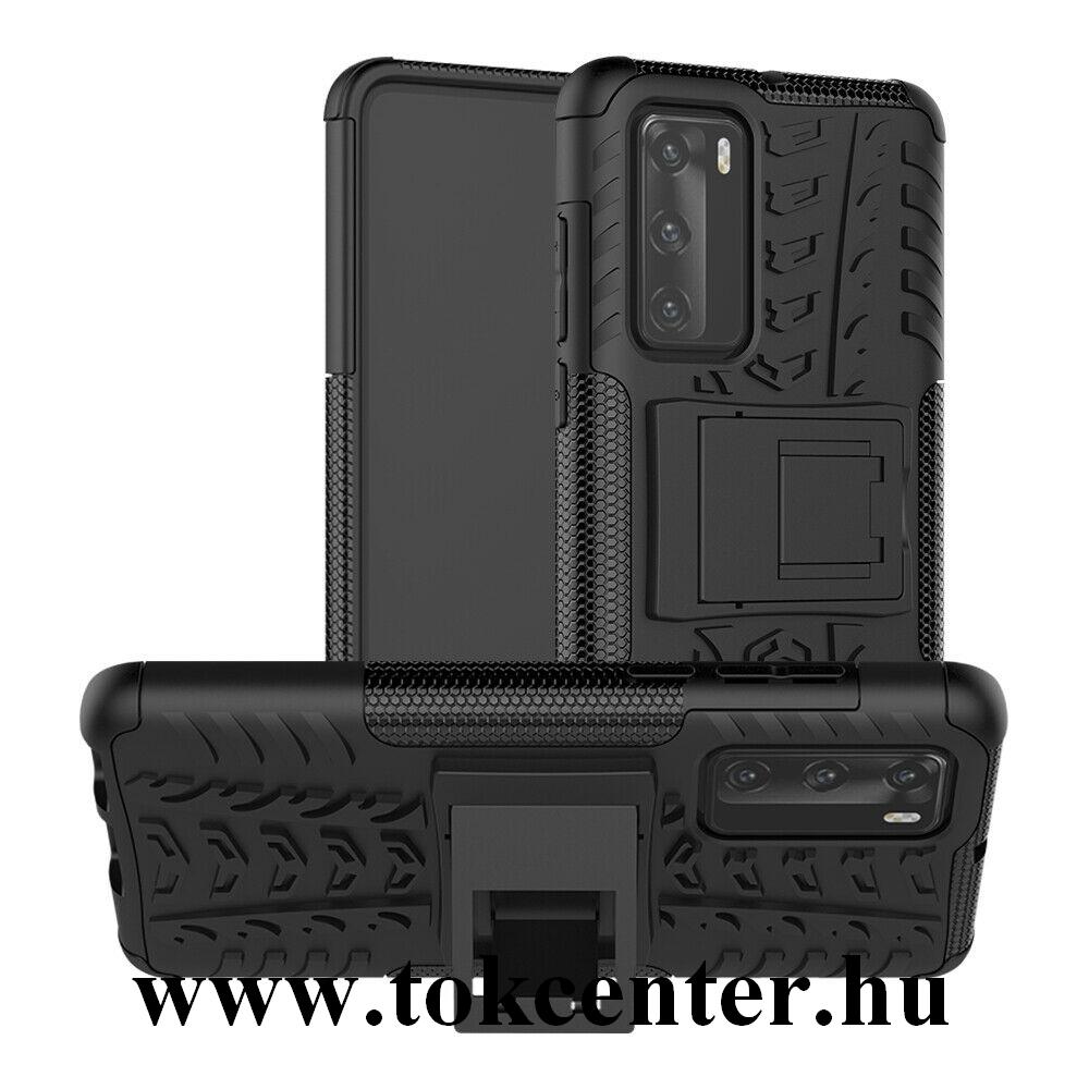 Huawei P40 Defender műanyag telefonvédő (közepesen ütésálló, szilikon belső, kitámasztó, autógumi minta) FEKETE
