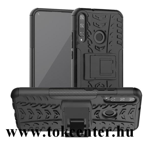 Huawei P40 Lite E Defender műanyag telefonvédő (közepesen ütésálló, szilikon belső, kitámasztó, autógumi minta) FEKETE