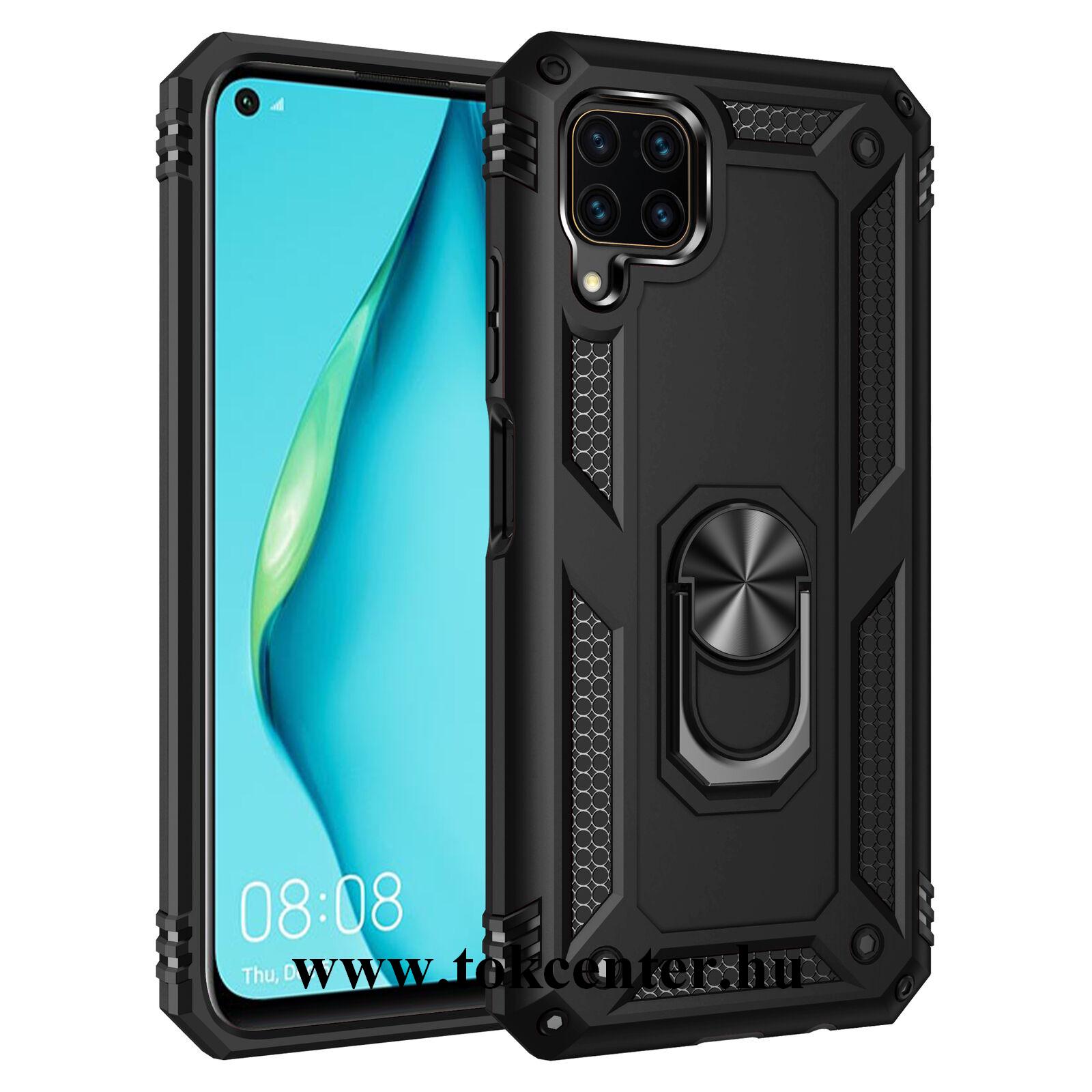Huawei P40 Lite Defender műanyag telefonvédő (közepesen ütésálló, szilikon belső, telefontartó gyűrű, beépített fémlemez) FEKETE