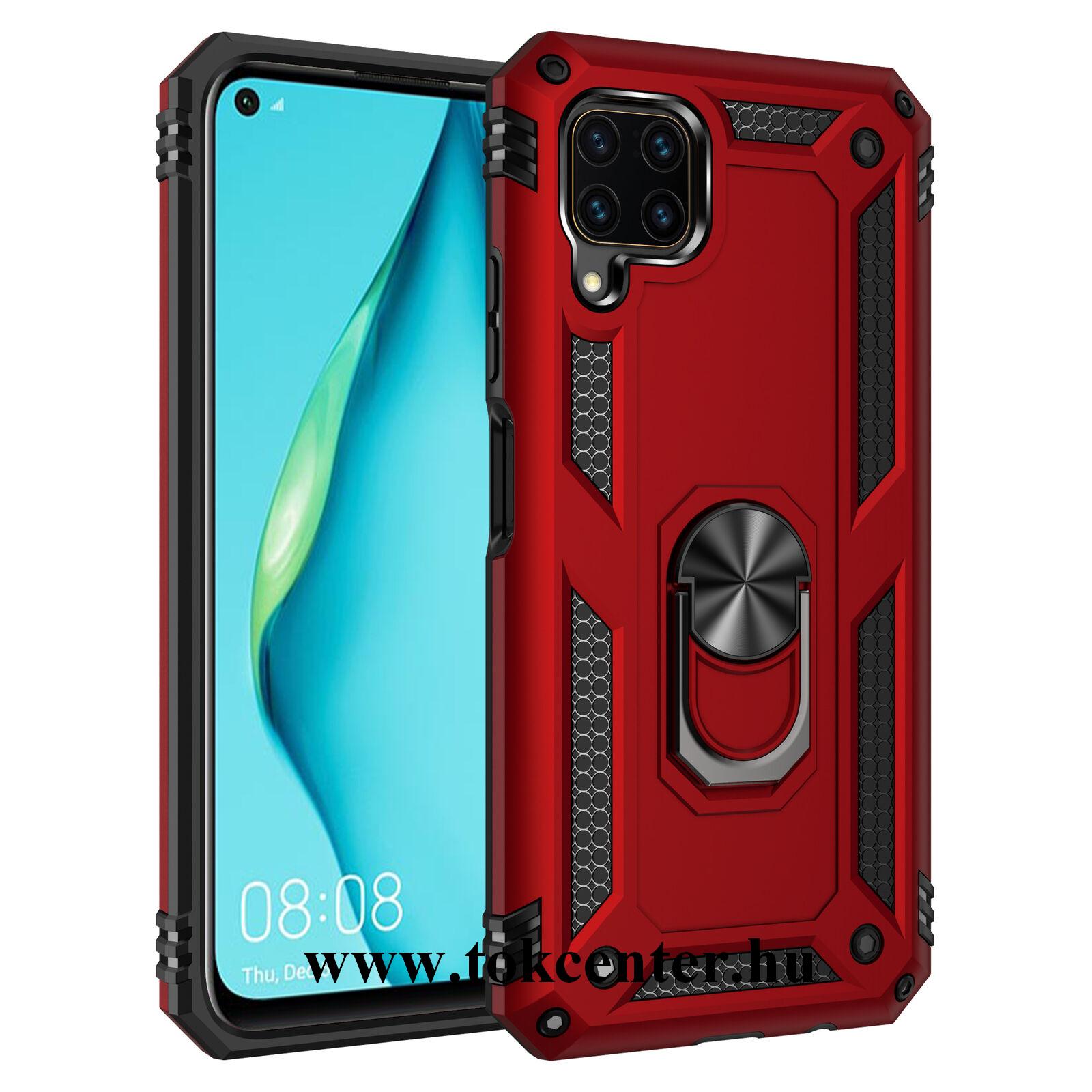 Huawei P40 Lite Defender műanyag telefonvédő (közepesen ütésálló, szilikon belső, telefontartó gyűrű, beépített fémlemez) PIROS