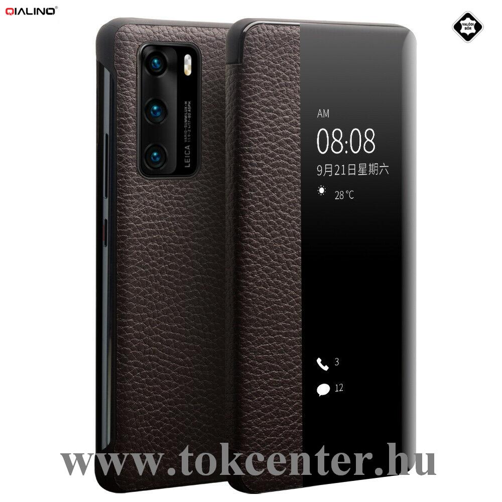 Huawei P40 QIALINO tok álló, valódi bőr (aktív flip, oldalra nyíló, View Window) FEKETE