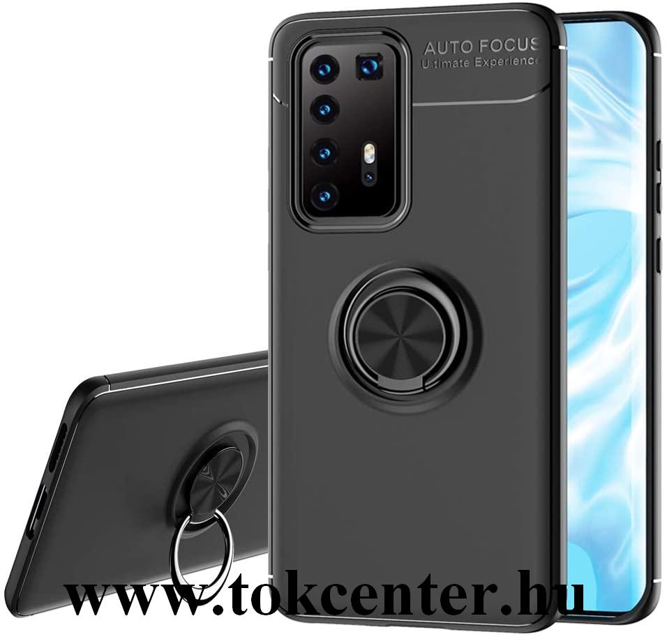 Huawei P40 Pro 5G Szilikon telefonvédő (asztali tartó funkció, telefontartó gyűrű, 360°-ban forgatható, beépített fémlemez) FEKETE