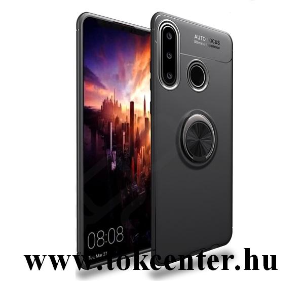 Huawei P40 Lite E Szilikon telefonvédő (asztali tartó funkció, telefontartó gyűrű, 360°-ban forgatható, beépített fémlemez) FEKETE