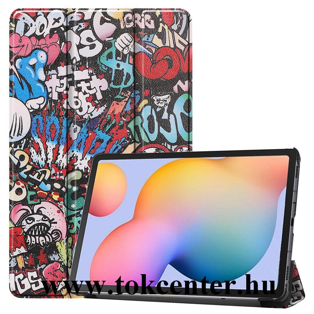 Samsung Galaxy Tab S6 Lite 10.4 LTE (SM-P615) / Samsung Galaxy Tab S6 Lite 10.4 WIFI (SM-P610) Tok álló, bőr hatású (aktív flip, oldalra nyíló, TRIFOLD asztali tartó funkció, graffiti minta) SZÍNES