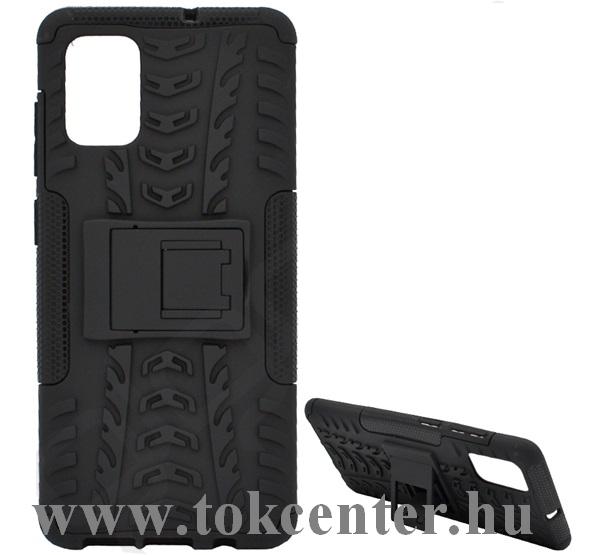 Samsung Galaxy A71 (SM-A715F) Defender műanyag telefonvédő (közepesen ütésálló, szilikon belső, kitámasztó, autógumi minta) FEKETE