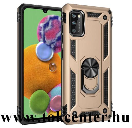 Samsung Galaxy A41 (SM-A415F) Defender műanyag telefonvédő (közepesen ütésálló, szilikon belső, telefontartó gyűrű, beépített fémlemez) ARANY