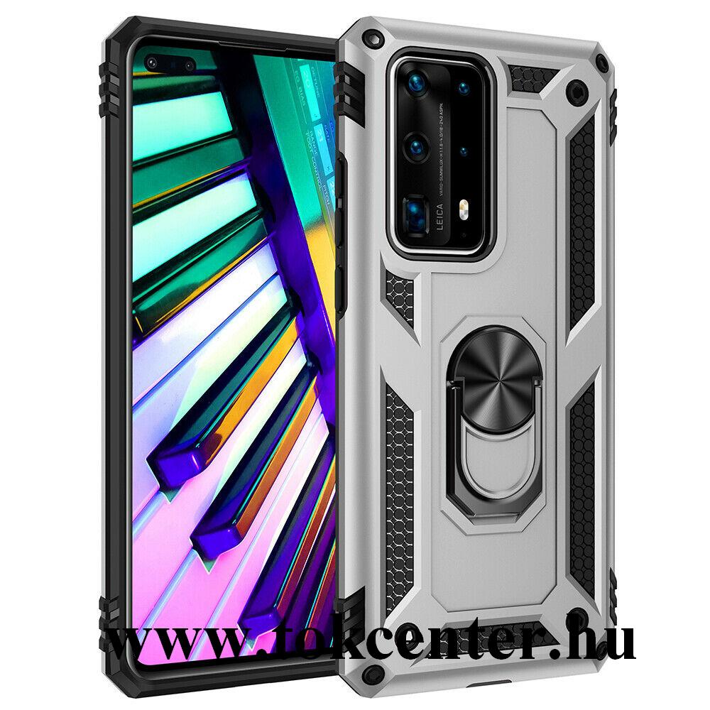 Huawei P40 Pro 5G Defender műanyag telefonvédő (közepesen ütésálló, szilikon belső, telefontartó gyűrű, beépített fémlemez) EZÜST