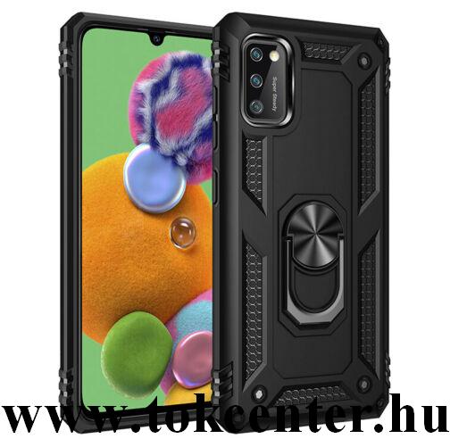 Samsung Galaxy A41 (SM-A415F) Defender műanyag telefonvédő (közepesen ütésálló, szilikon belső, telefontartó gyűrű, beépített fémlemez) FEKETE