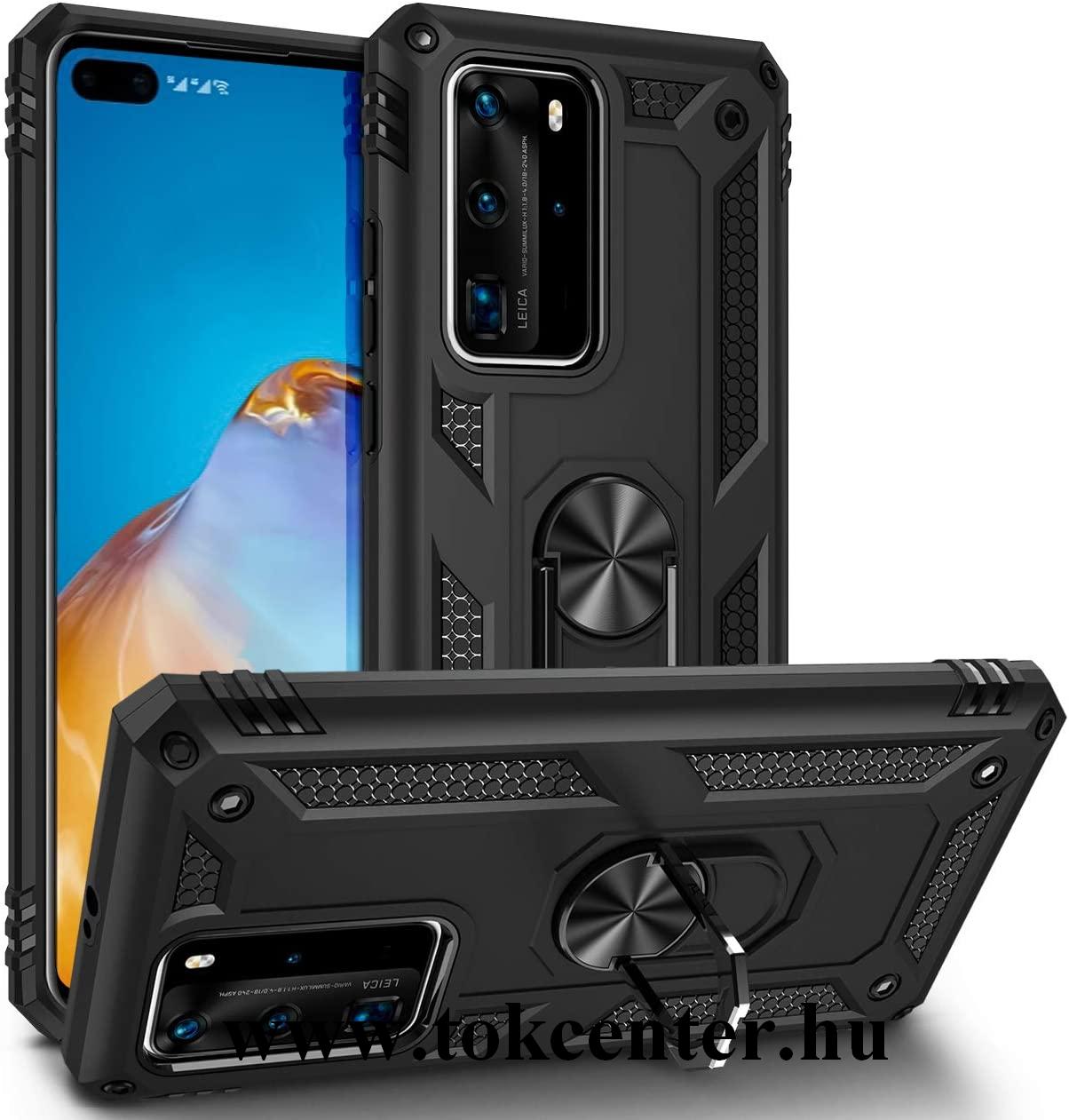 Huawei P40 Pro 5G Defender műanyag telefonvédő (közepesen ütésálló, szilikon belső, telefontartó gyűrű, beépített fémlemez) FEKETE