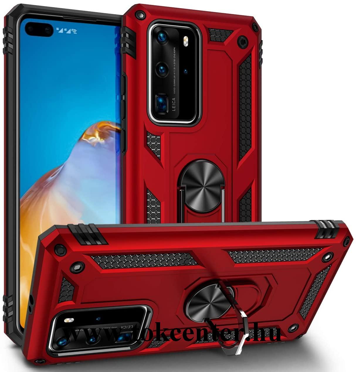 Huawei P40 Pro 5G Defender műanyag telefonvédő (közepesen ütésálló, szilikon belső, telefontartó gyűrű, beépített fémlemez) PIROS