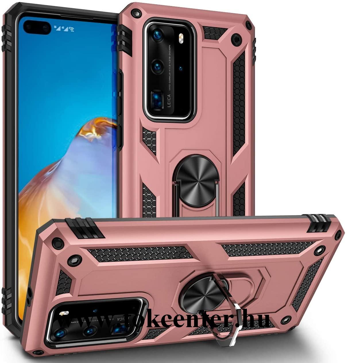 Huawei P40 Pro 5G Defender műanyag telefonvédő (közepesen ütésálló, szilikon belső, telefontartó gyűrű, beépített fémlemez) RÓZSASZÍN