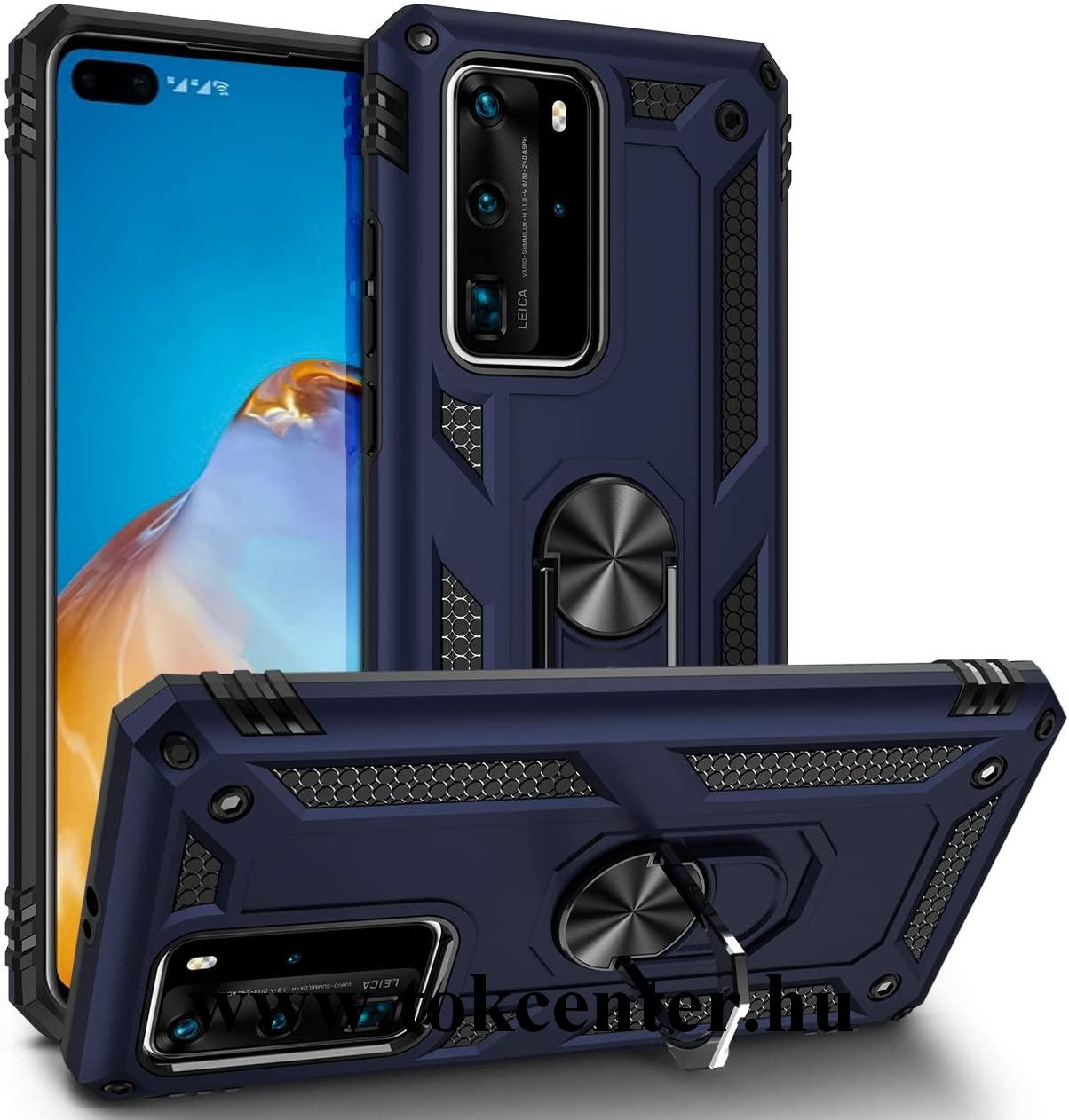Huawei P40 Pro 5G Defender műanyag telefonvédő (közepesen ütésálló, szilikon belső, telefontartó gyűrű, beépített fémlemez) SÖTÉTKÉK