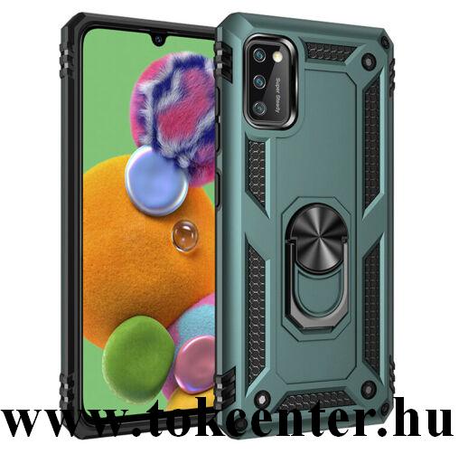 Samsung Galaxy A41 (SM-A415F) Defender műanyag telefonvédő (közepesen ütésálló, szilikon belső, telefontartó gyűrű, beépített fémlemez) SÖTÉTZÖLD