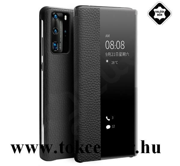 Huawei P40 Pro 5G QIALINO tok álló, valódi bőr (aktív flip, oldalra nyíló, View Window, érdes felületű) FEKETE