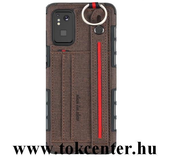 Apple iPhone XR 6.1 Szilikon telefonvédő (közepesen ütésálló, asztali tartó funkció, bankkártya tartó, textil hátlap + kézpánt) BARNA