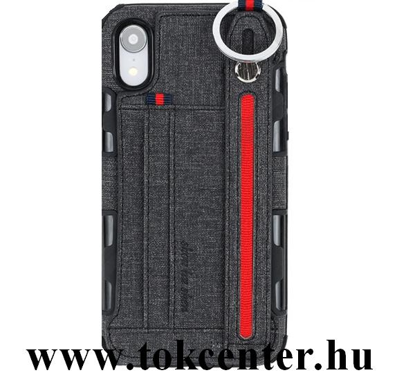 Apple iPhone XR 6.1 Szilikon telefonvédő (közepesen ütésálló, asztali tartó funkció, bankkártya tartó, textil hátlap + kézpánt) FEKETE