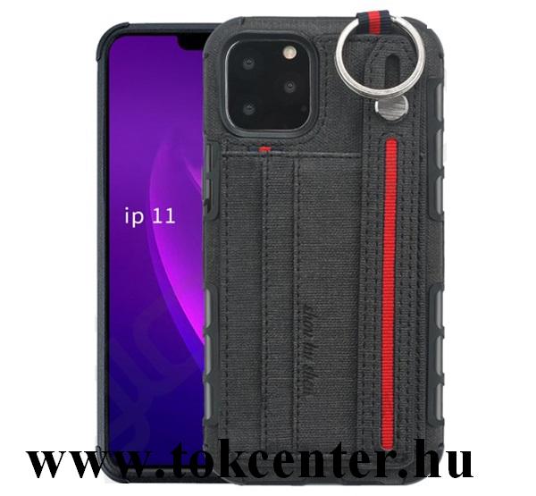 Apple iPhone 11 Pro Max Szilikon telefonvédő (közepesen ütésálló, asztali tartó funkció, bankkártya tartó, textil hátlap + kézpánt) FEKETE