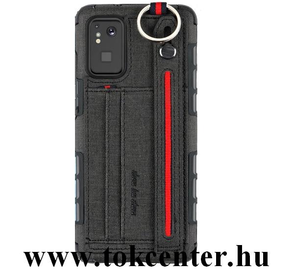 Samsung Galaxy S20 Plus (SM-G985F) Szilikon telefonvédő (közepesen ütésálló, asztali tartó funkció, bankkártya tartó, textil hátlap + kézpánt) FEKETE