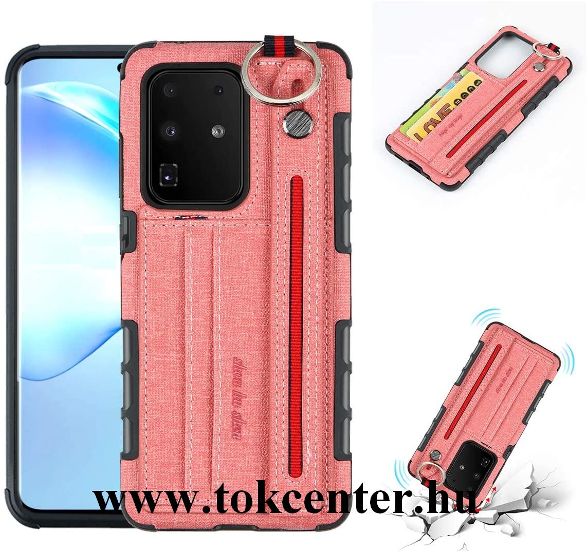 Apple iPhone 11 Pro Szilikon telefonvédő (közepesen ütésálló, asztali tartó funkció, bankkártya tartó, textil hátlap + kézpánt) RÓZSASZÍN