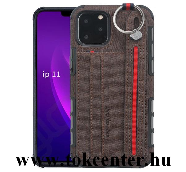Apple iPhone 11 Pro Max Szilikon telefonvédő (közepesen ütésálló, asztali tartó funkció, bankkártya tartó, textil hátlap + kézpánt) SÖTÉTBARNA