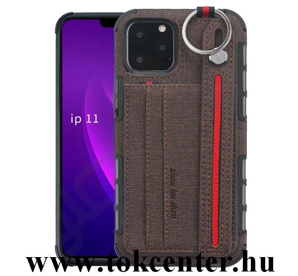Apple iPhone 11 Pro Szilikon telefonvédő (közepesen ütésálló, asztali tartó funkció, bankkártya tartó, textil hátlap + kézpánt) SÖTÉTBARNA