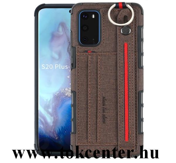Samsung Galaxy S20 (SM-G980F) Szilikon telefonvédő (közepesen ütésálló, asztali tartó funkció, bankkártya tartó, textil hátlap + kézpánt) SÖTÉTBARNA