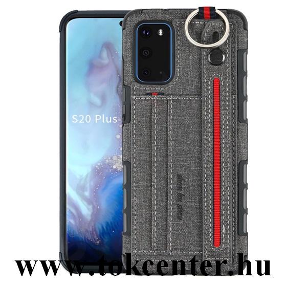 Samsung Galaxy S20 (SM-G980F) Szilikon telefonvédő (közepesen ütésálló, asztali tartó funkció, bankkártya tartó, textil hátlap + kézpánt) SZÜRKE