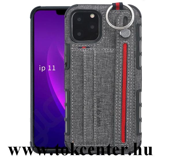 Apple iPhone 11 Pro Szilikon telefonvédő (közepesen ütésálló, asztali tartó funkció, bankkártya tartó, textil hátlap + kézpánt) SZÜRKE