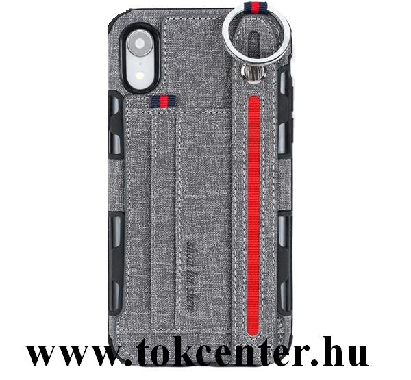 Apple iPhone XR 6.1 Szilikon telefonvédő (közepesen ütésálló, asztali tartó funkció, bankkártya tartó, textil hátlap + kézpánt) SZÜRKE