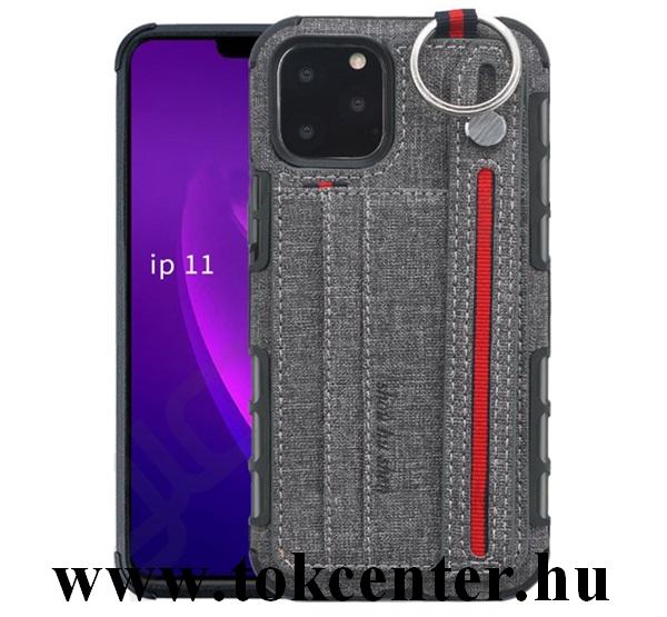 Apple iPhone 11 Pro Max Szilikon telefonvédő (közepesen ütésálló, asztali tartó funkció, bankkártya tartó, textil hátlap + kézpánt) SZÜRKE