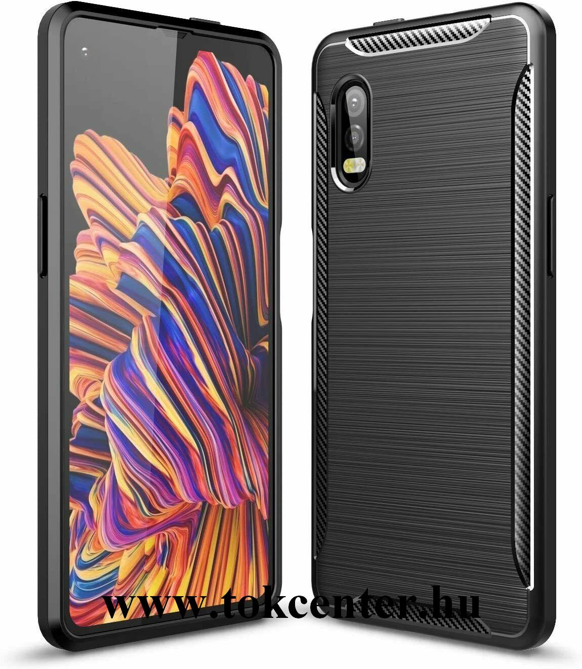 Samsung Galaxy Xcover Pro (SM-G715F) Szilikon telefonvédő (közepesen ütésálló, légpárnás sarok, szálcsiszolt, karbon minta) FEKETE