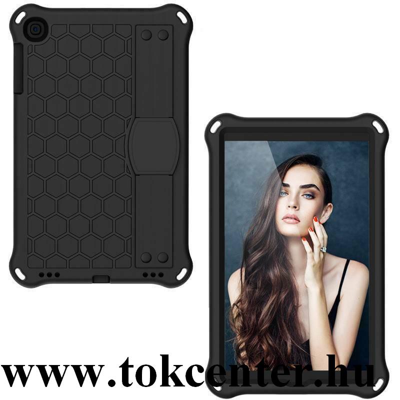Samsung Galaxy Tab A 10.1 LTE (2019) SM-T515 / Samsung Galaxy Tab A 10.1 WIFI (2019) SM-T510 Defender szilikon telefonvédő (kézpánt, közepesen ütésálló, kitámasztó, méhsejt minta) FEKETE