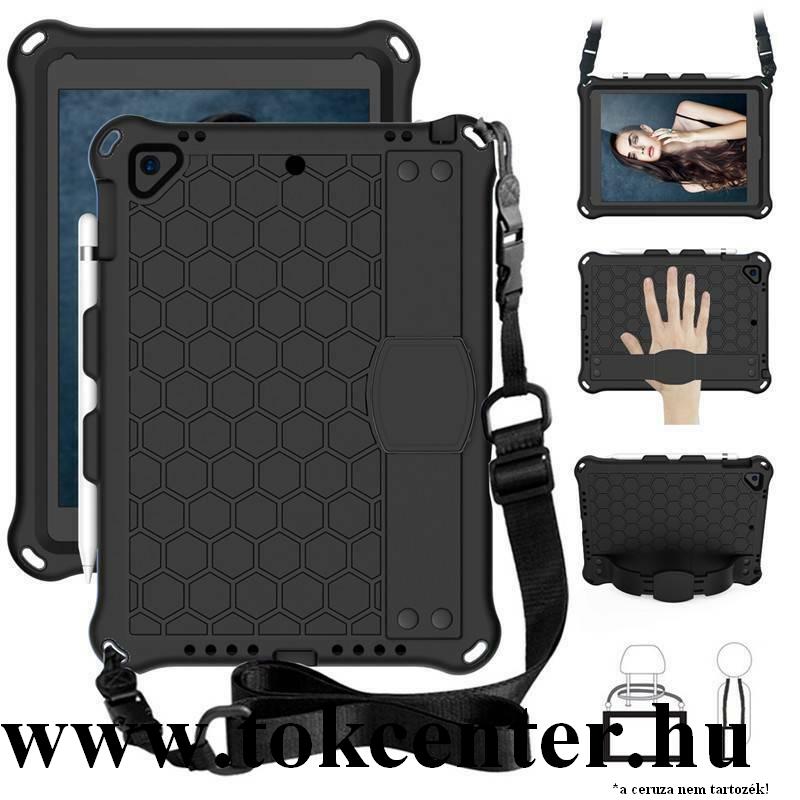 Apple IPAD mini / 2 / 3 / 4 /5 Defender szilikon telefonvédő (kézpánt, közepesen ütésálló, kitámasztó, méhsejt minta, vállra akasztható) FEKETE