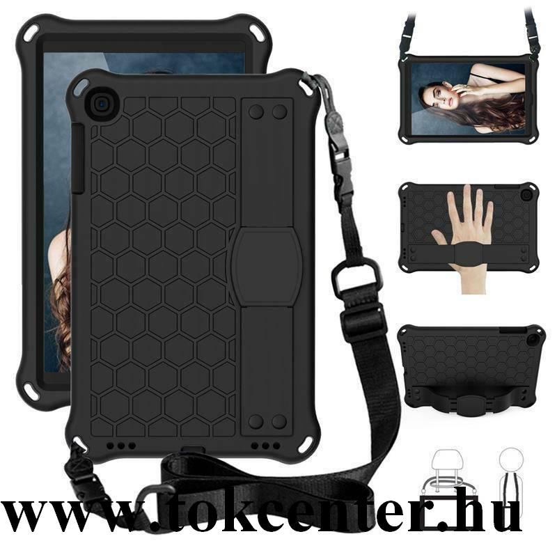 Samsung Galaxy Tab A 10.1 LTE (2019) SM-T515 / Samsung Galaxy Tab A 10.1 WIFI (2019) SM-T510 Defender szilikon telefonvédő (kézpánt, közepesen ütésálló, kitámasztó, méhsejt minta, vállra akasztható) FEKETE
