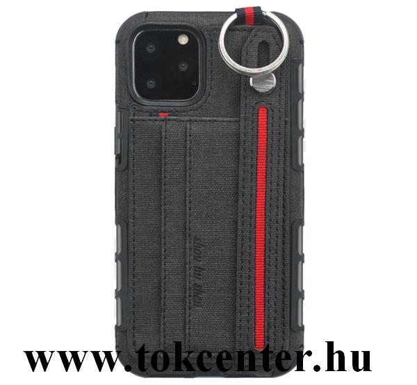 Apple iPhone 11 Pro Szilikon telefonvédő (közepesen ütésálló, asztali tartó funkció, bankkártya tartó, textil hátlap + kézpánt) FEKETE
